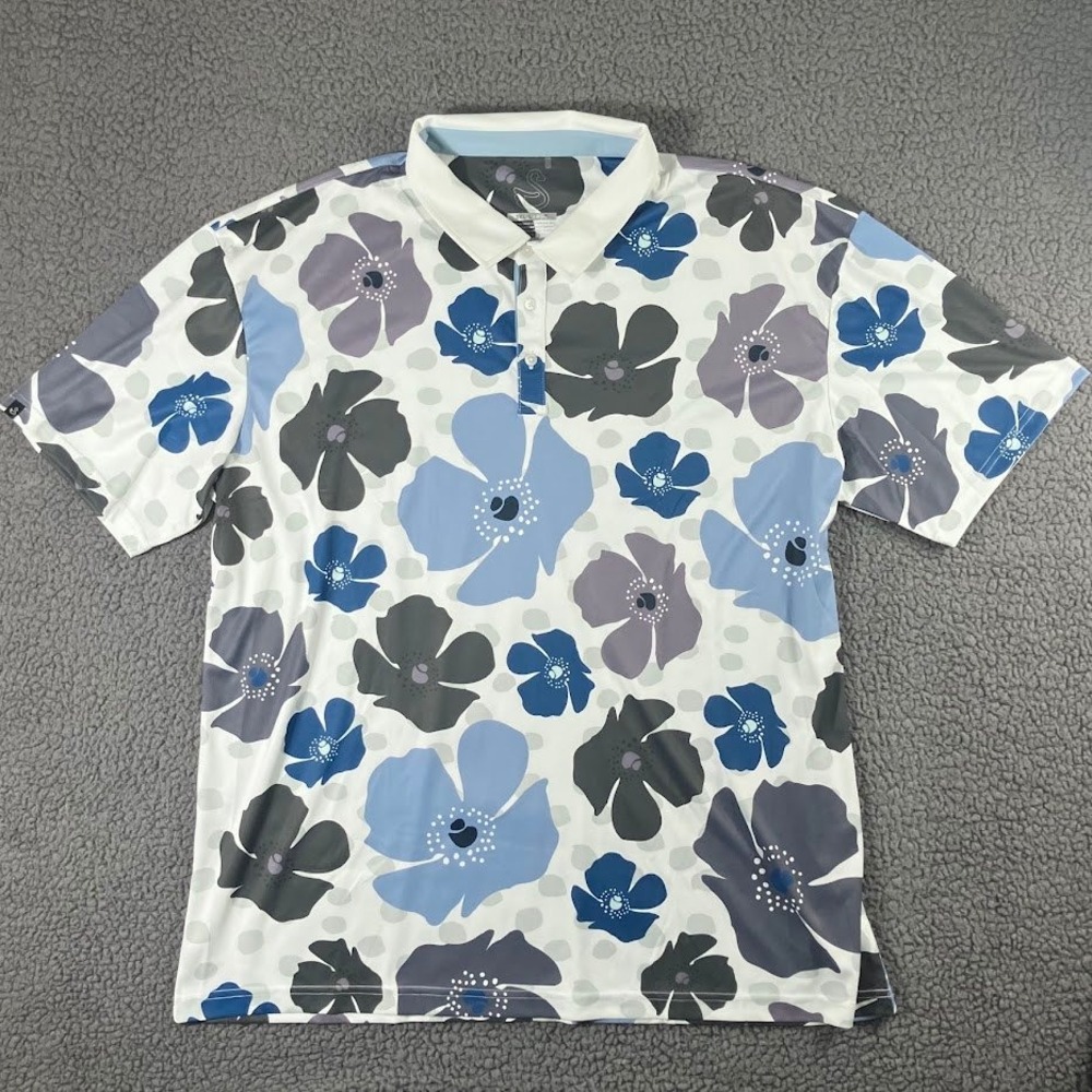 Swannies Golf Co Mens 3XL Floral Performance Polo Shirt Blue Grey White Print